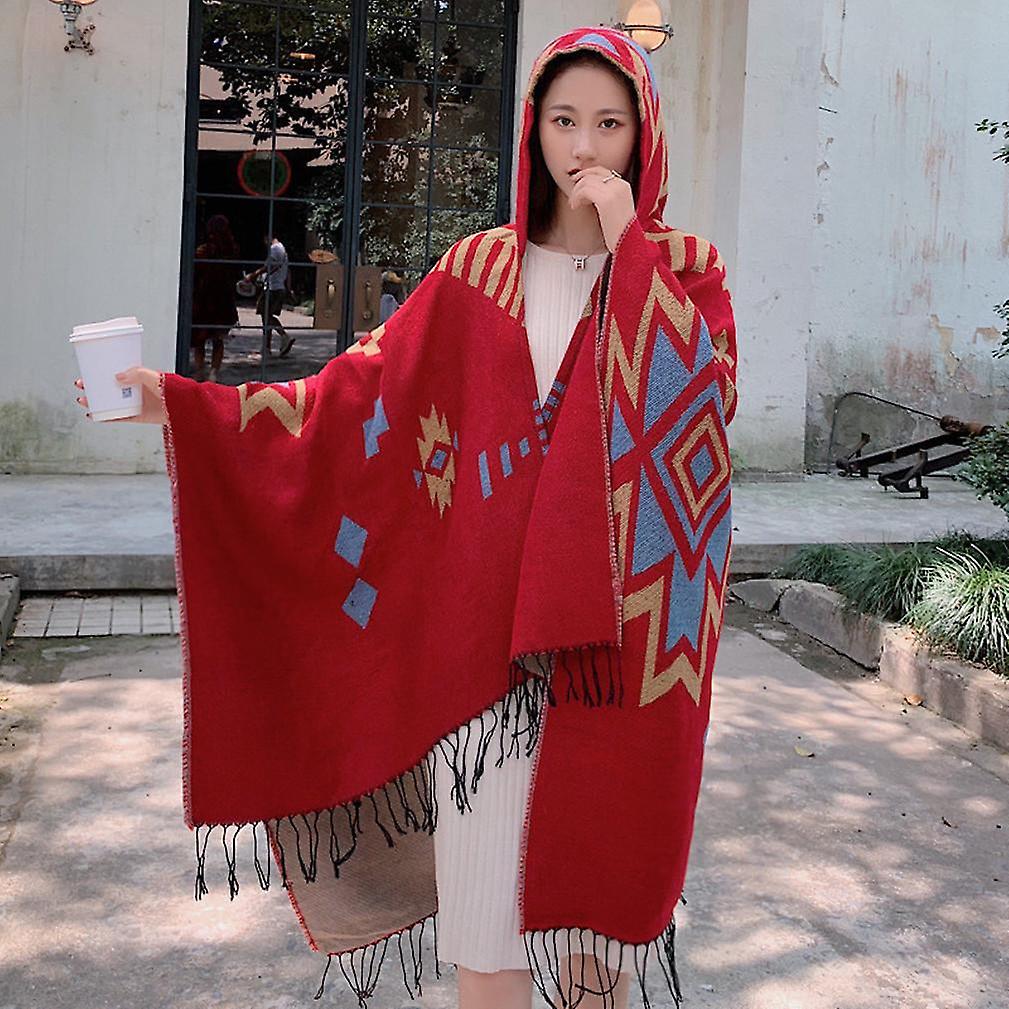 Women's Geometric Thicken Shawl Wrap Lady Poncho Pashmina Cardigant Blanket With Tassel