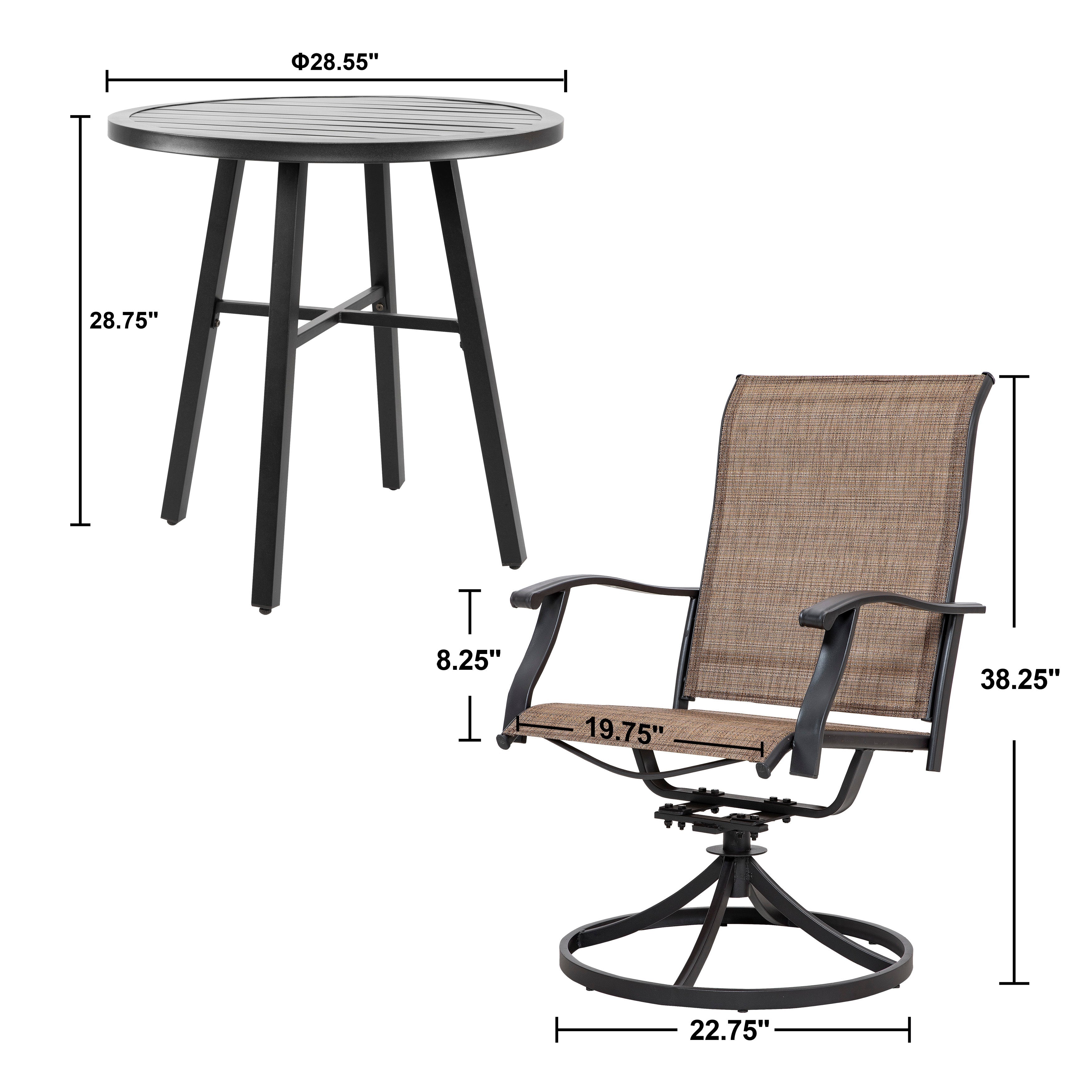 Nuu Garden 3 Piece Patio Bistro Set, Textilene Swivel Patio Chairs and Iron Table All-Weather Outdoor Furniture Set for Lawn, Backyard, Balcony, Black and Brown