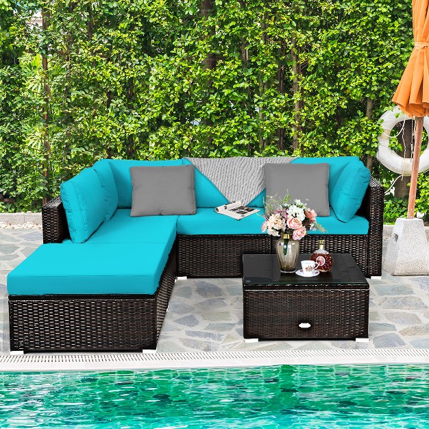 Tangkula 6pcs Patio Rattan Furniture Set Outdoor Sectional Sofa Set W coffee Table amp Ottoman Black navy turquoise red brown