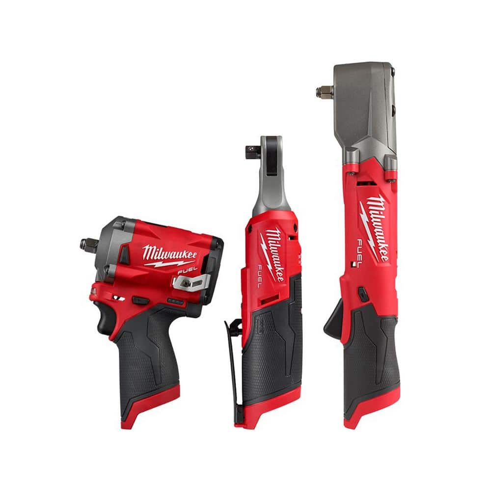 Milwaukee M12 FUEL 12V Li-Ion Brushless Cordless Stubby 3/8 in. Impact Wrench w/Right Angle Impact Wrench & High Speed Ratchet 2554-20-2564-20-2567-20