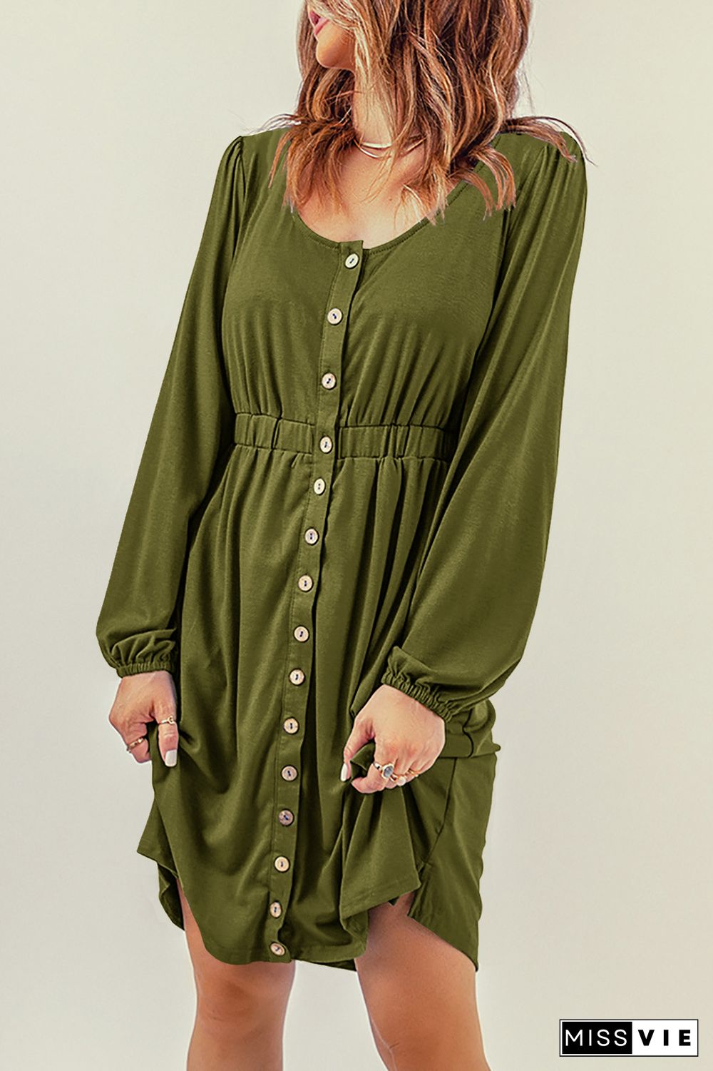 Green Button Up High Waist Long Sleeve Dress