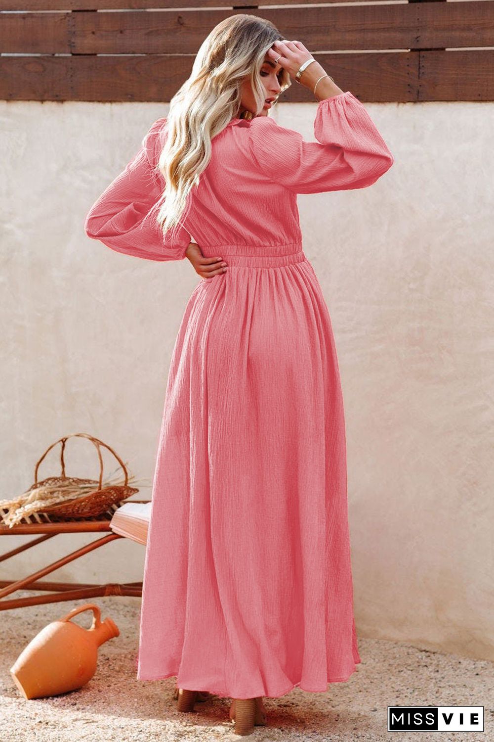 Ruffled V Neck Empire Waist Maxi Dress