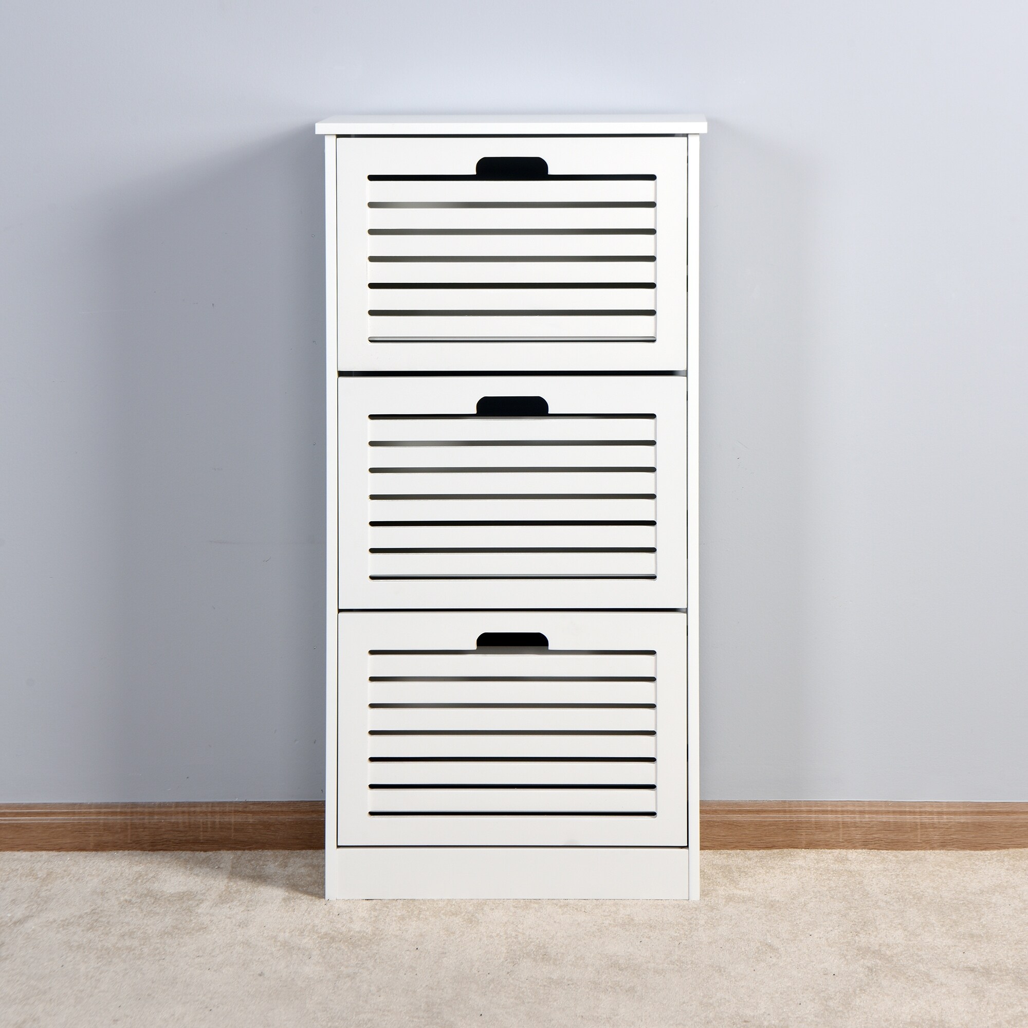 Wooden Shoe Cabinet，White Shoe Storage Cabinet with 3 Flip Doors - - 35256190