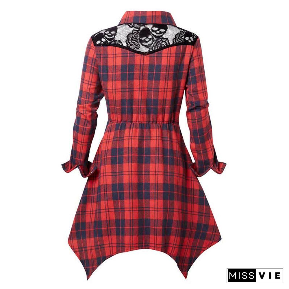 Irregular Plaid Print Lace Up Long Sleeve Shirt Dress