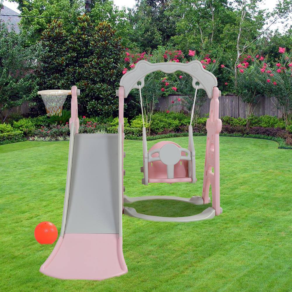 TIRAMISUBEST OutdoorIndoor HDPE 3-in-1 Playset with Slide Swing and Basketball Hoop DXY0102HPSXQG