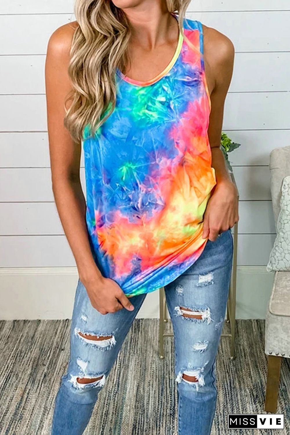 Blue Tie-dye Round Collar Knot Tank Top