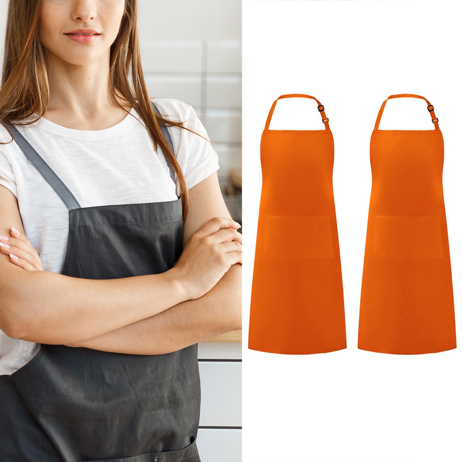 2x Apron with 2 Pockets Clothes Protector 70x78cm Solid Cotton Adjustable Water Adults Apron for Cooking Cafe Shop Baking Kitchen Women Orange