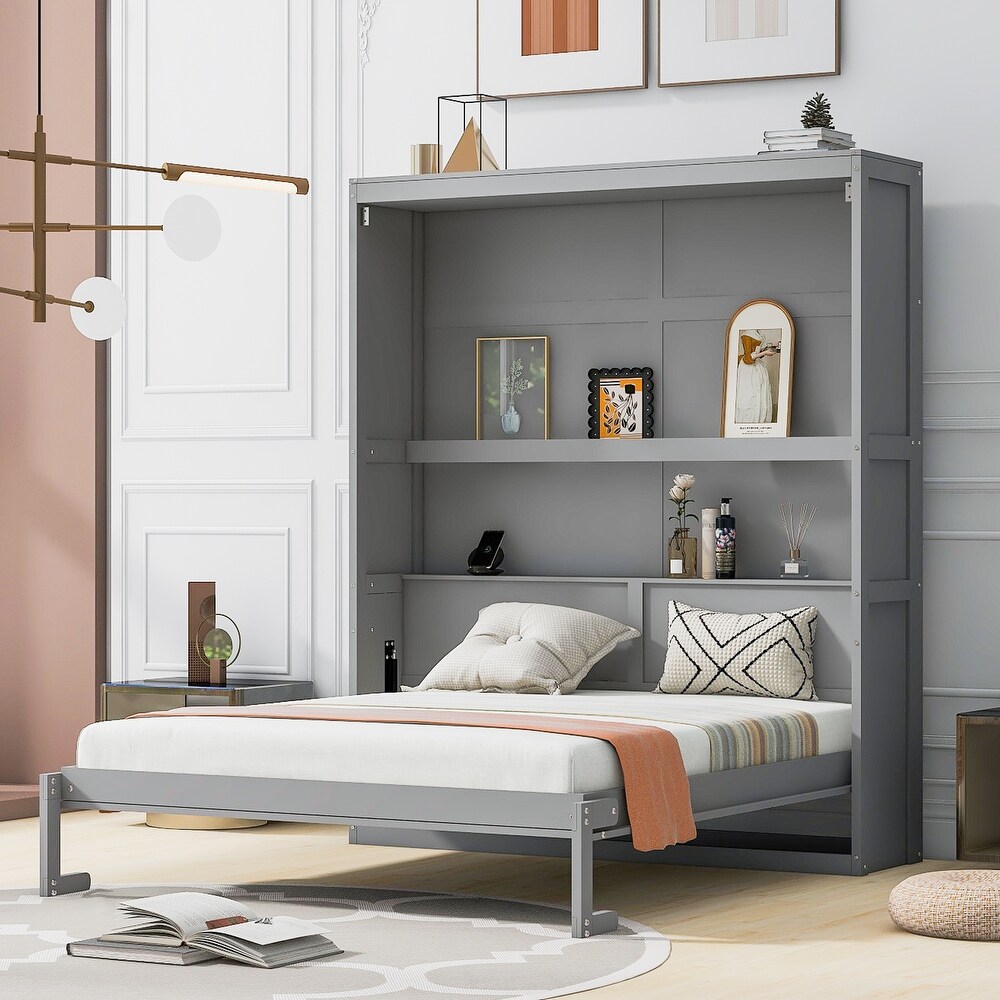 Apartment Murphy Bed Queen Size Cabinet Wall Bed with Shelves Dual Piston Metal Folding Mechanism Designed Murphy Bed  Grey