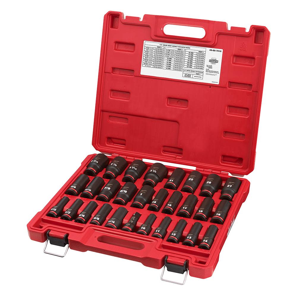 Milwaukee SHOCKWAVE Impact Duty™ 1/2 Drive SAE and Metric Deep 6 Point Socket Set， 29pc ;