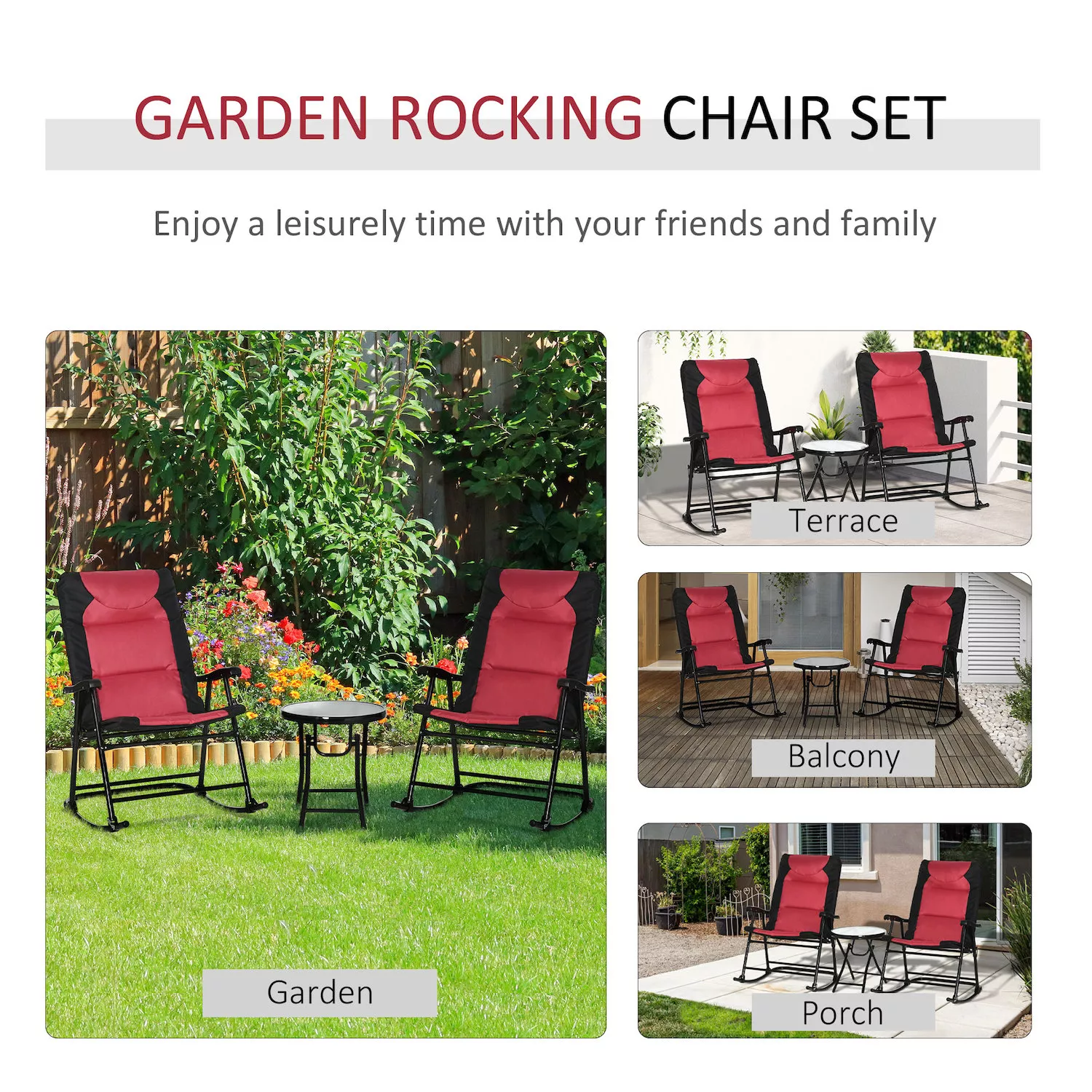 Outsunny 3-Piece Conversation Bistro Set Outdoor Patio Furniture with Glass Coffee Table for Backyard， Garden， Balcony， Porch Red