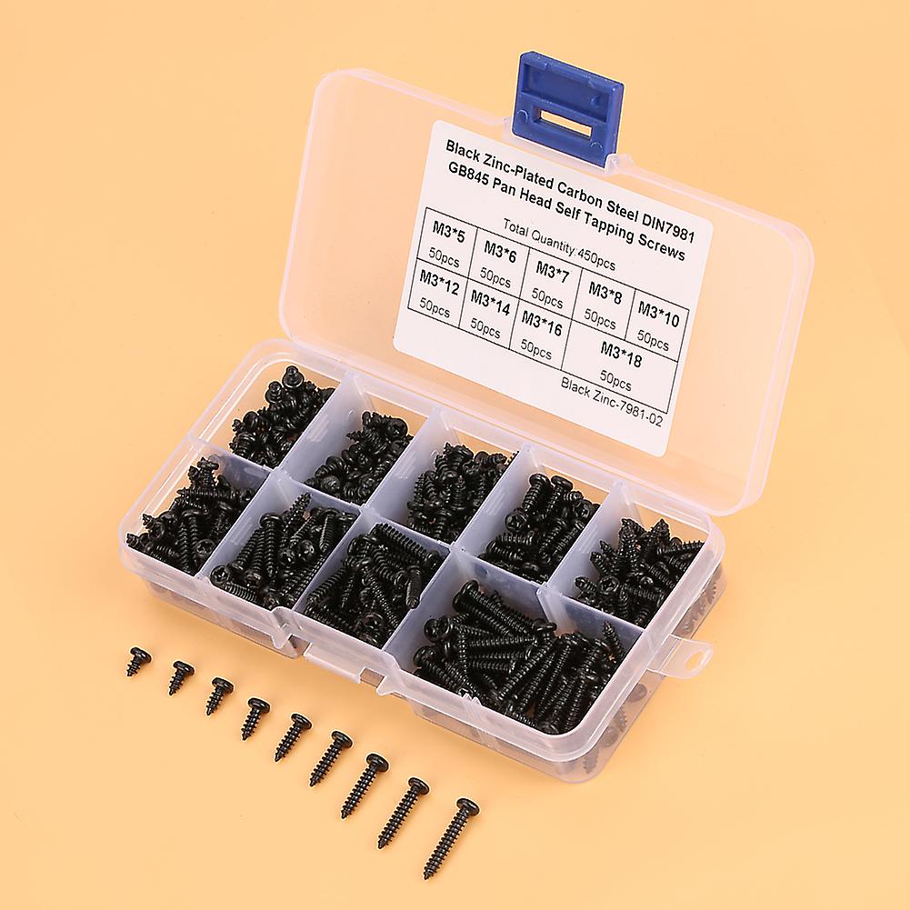 450pcs Black M3 Cross Pan Head Self Tapping Screws Set Assortment Kit