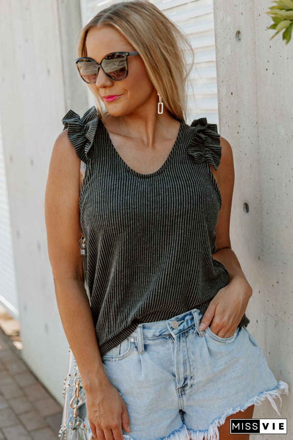 Gray Ruched Shoulders Ribbed Knit Tank Top