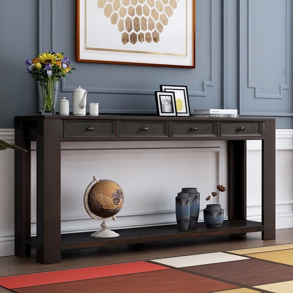 Rustic Console Table with 2 Storage Drawers and Exquisite Retro Knob， Sofa Table with Bottom Storage Shelf