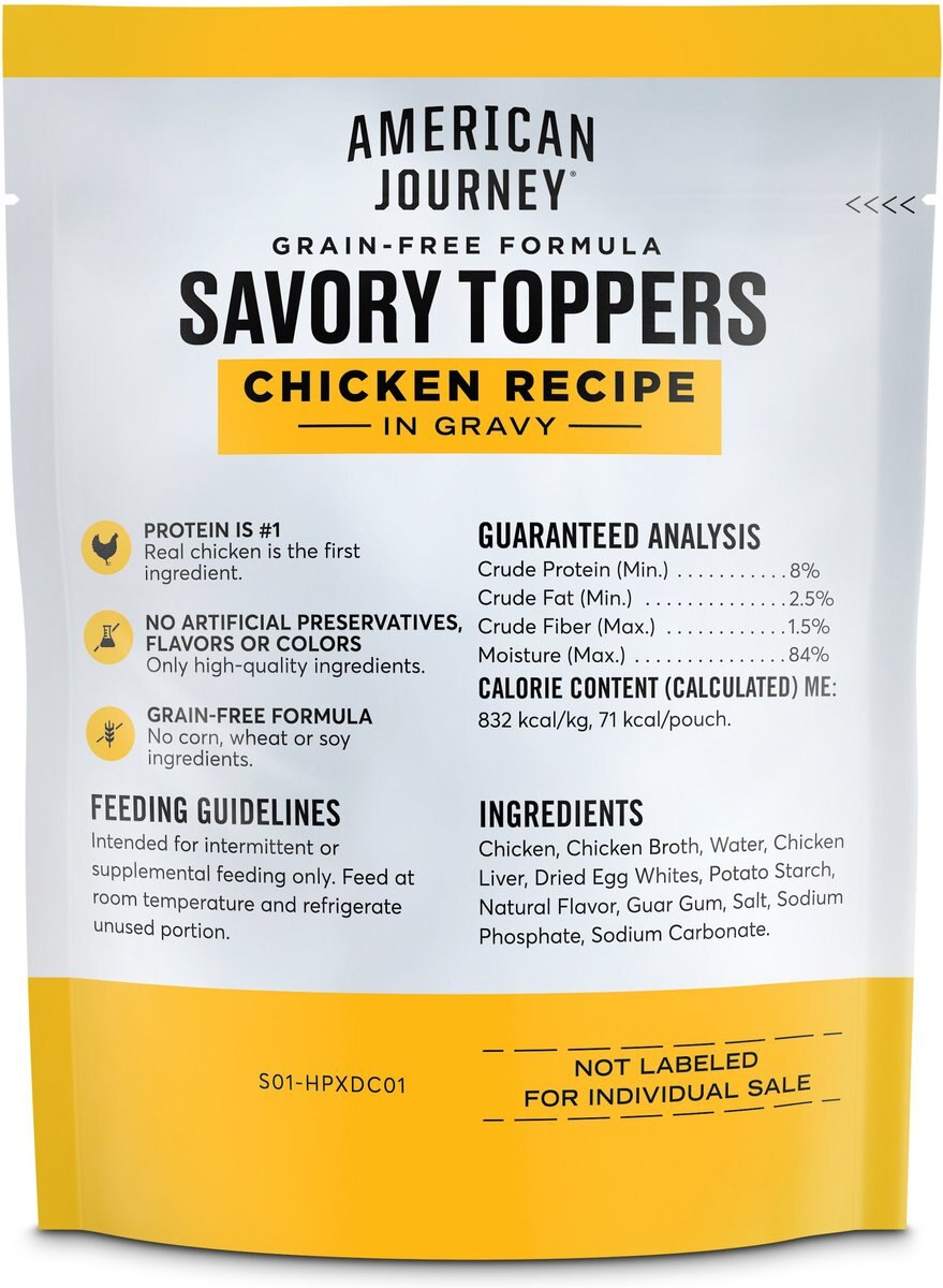 American Journey Savory Toppers Chicken Recipe in Gravy Grain-Free Dog Food Topper， 3-oz pouches， case of 24