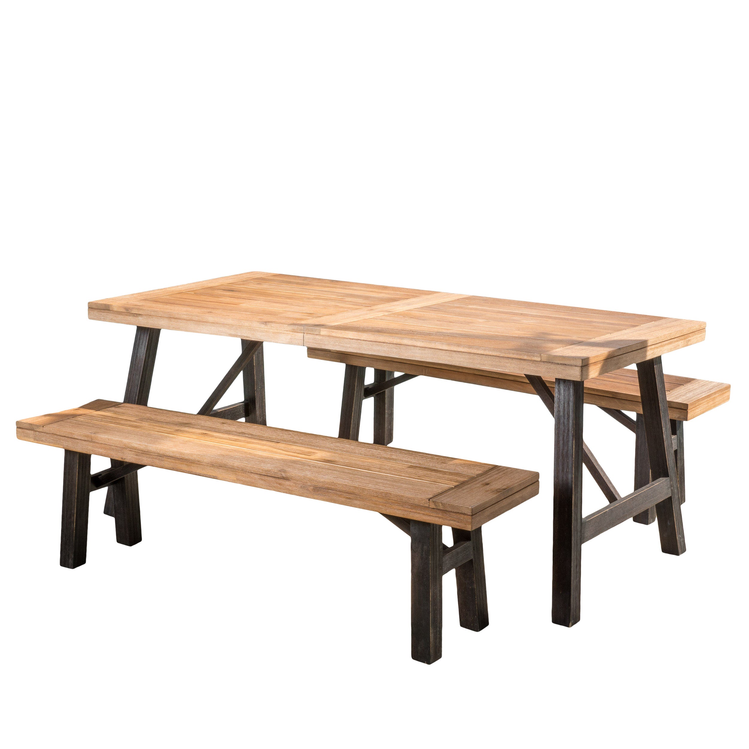 Valverde Outdoor Teak Finish and Brushed Grey Acacia Wood Picnic Dining Set