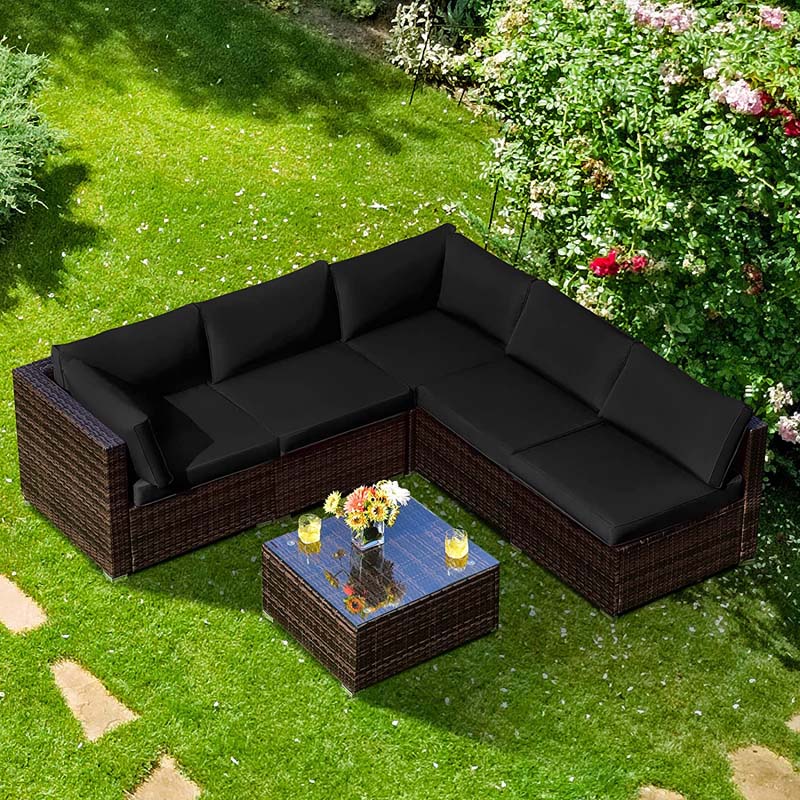 6 Pcs Rattan Patio Sectional Sofa Set Outdoor Conversation Furniture Set with Cushions & Glass Coffee Table