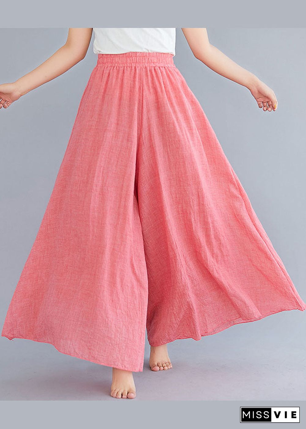 Pink Linen Wide Leg Pants High Waist Wrinkled Summer