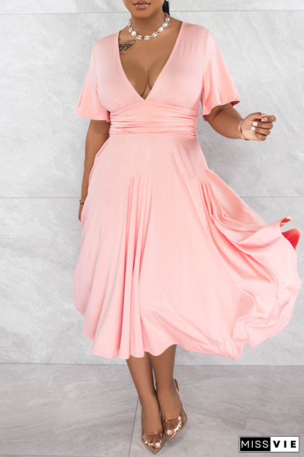 Pink Casual Solid Patchwork V Neck Short Sleeve Dress