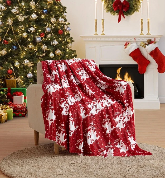 Holiday Living Red Christmas Three Kings Plush Accent Throw Blanket 50 In W X 60 In L