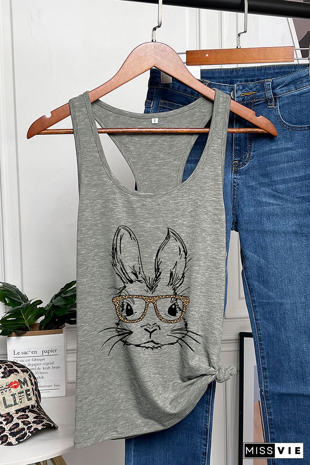 Easter Bunny With Glasses Printed Sleeveless Tank Top Wholesale