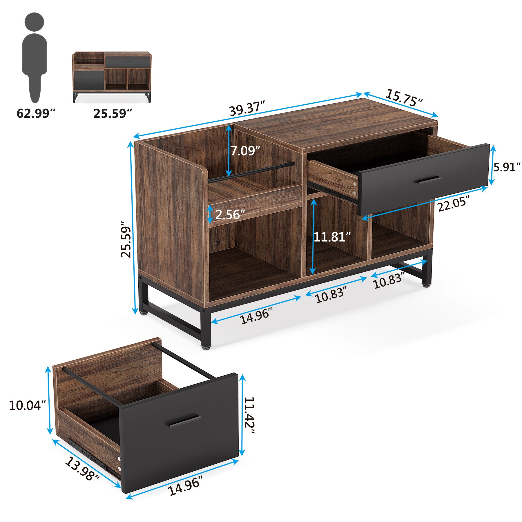 39 inch File Cabinet, Rustic Lateral Filing Cabinet with 2 Drawers