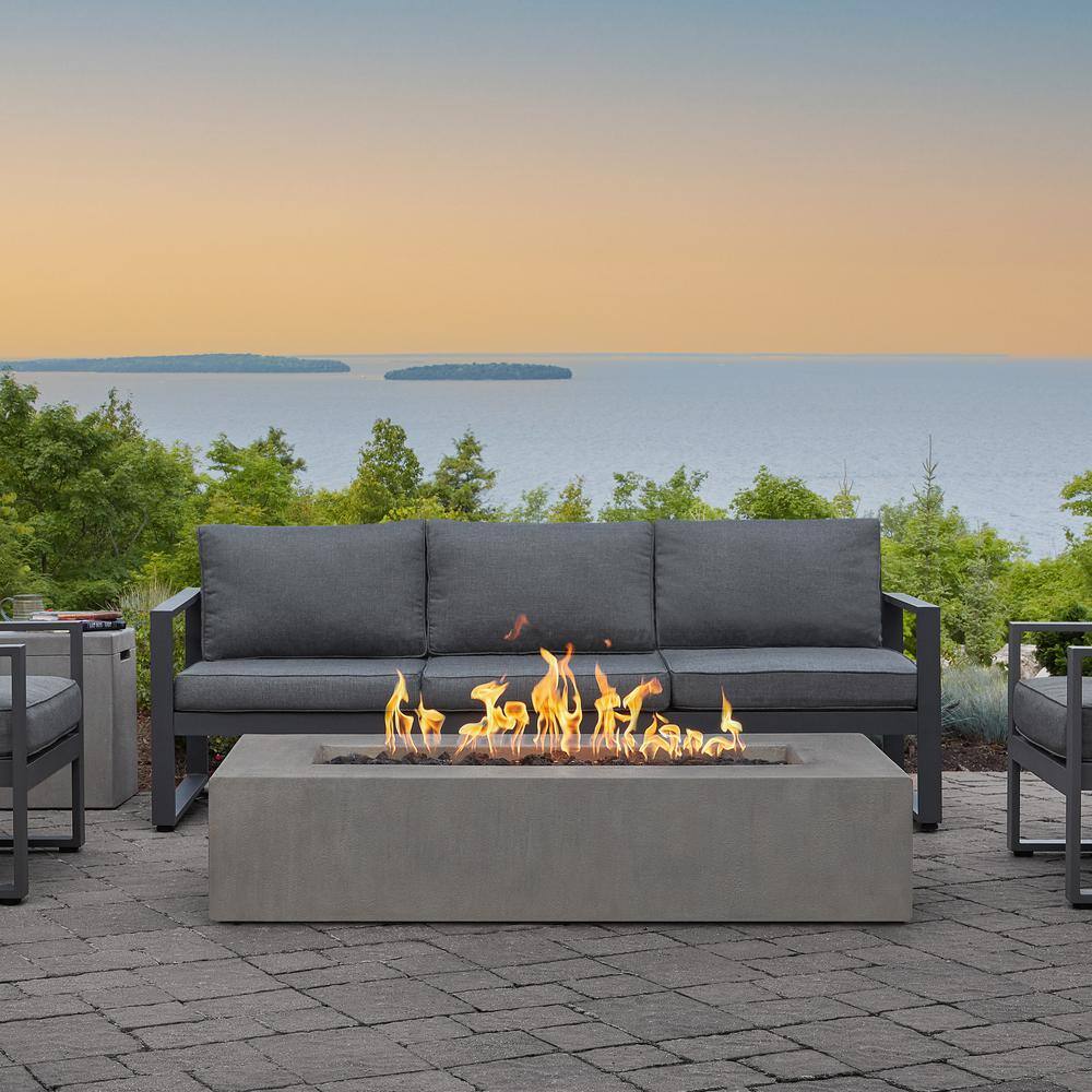 JENSEN CO Matteau Low 60 in. L x 12 in. H Outdoor Rectangular Concrete Composite Propane Fire Table in Flint with Vinyl Cover 143LP-FLNT