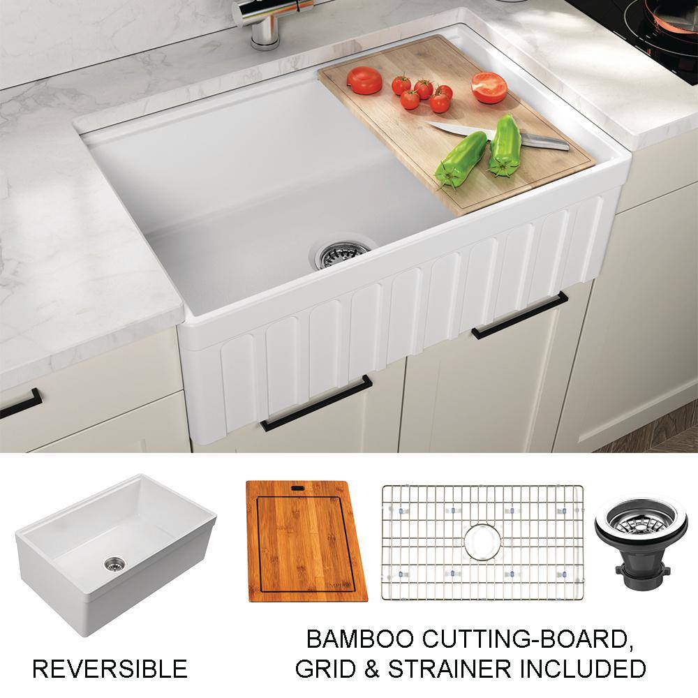 Empire Industries Yorkshire Farmhouse Fireclay 33 in. Single Bowl Kitchen Sink with Cutting-Board Grid and Strainer in White YO33S