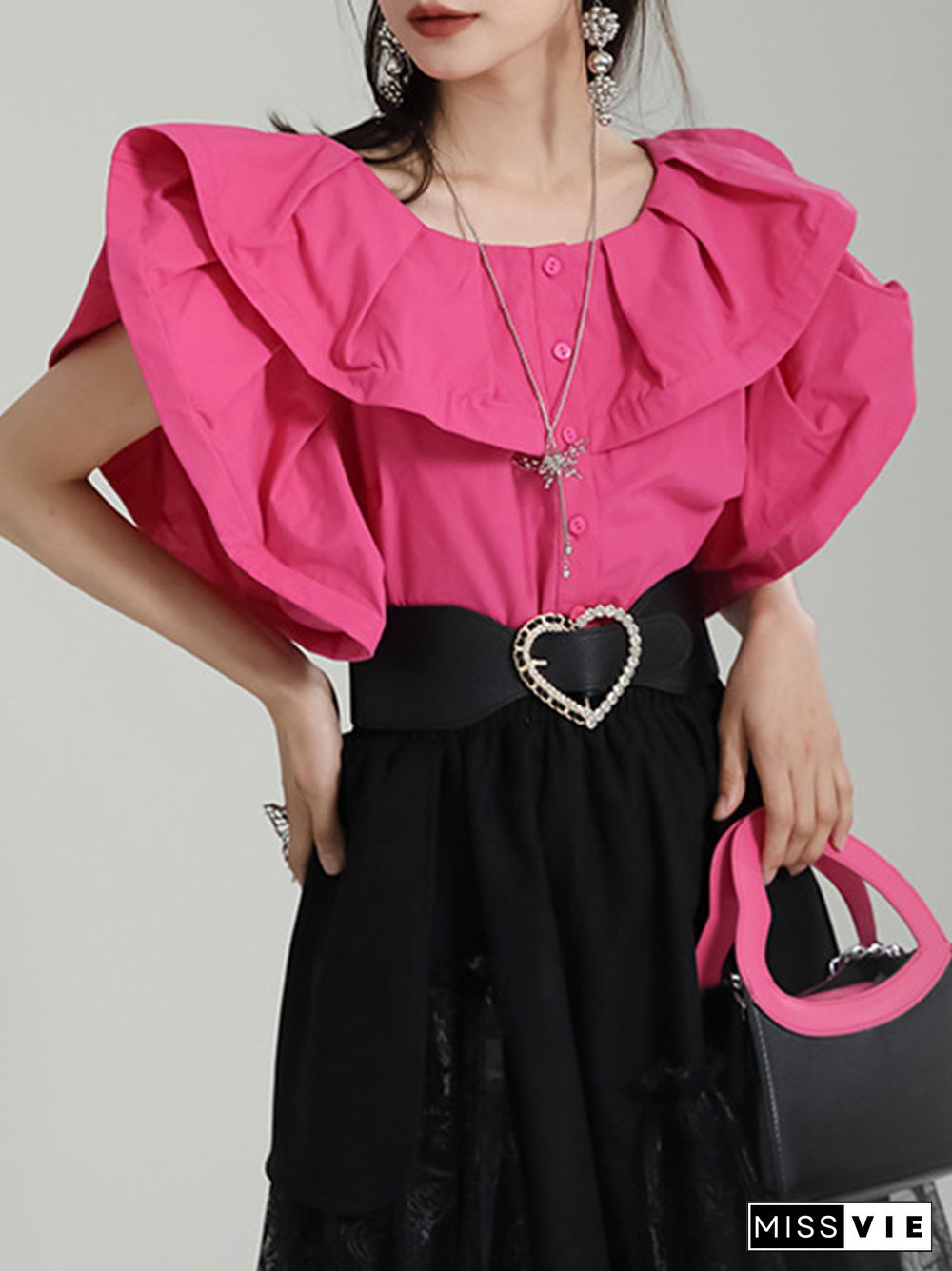 Loose Short Sleeves Falbala Pleated Solid Color Split-Joint Round-Neck Blouses