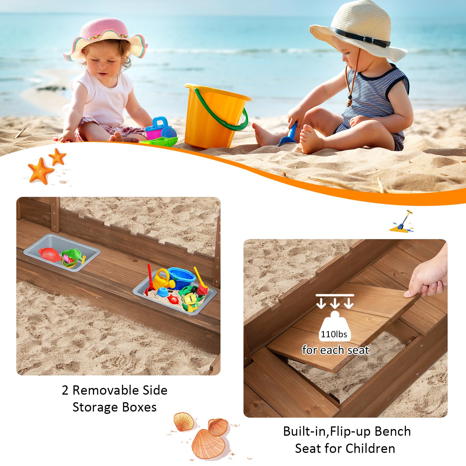 Costzon Cedar Wood Sandbox, Outdoor Sandpit w/Built-in Bench Seats