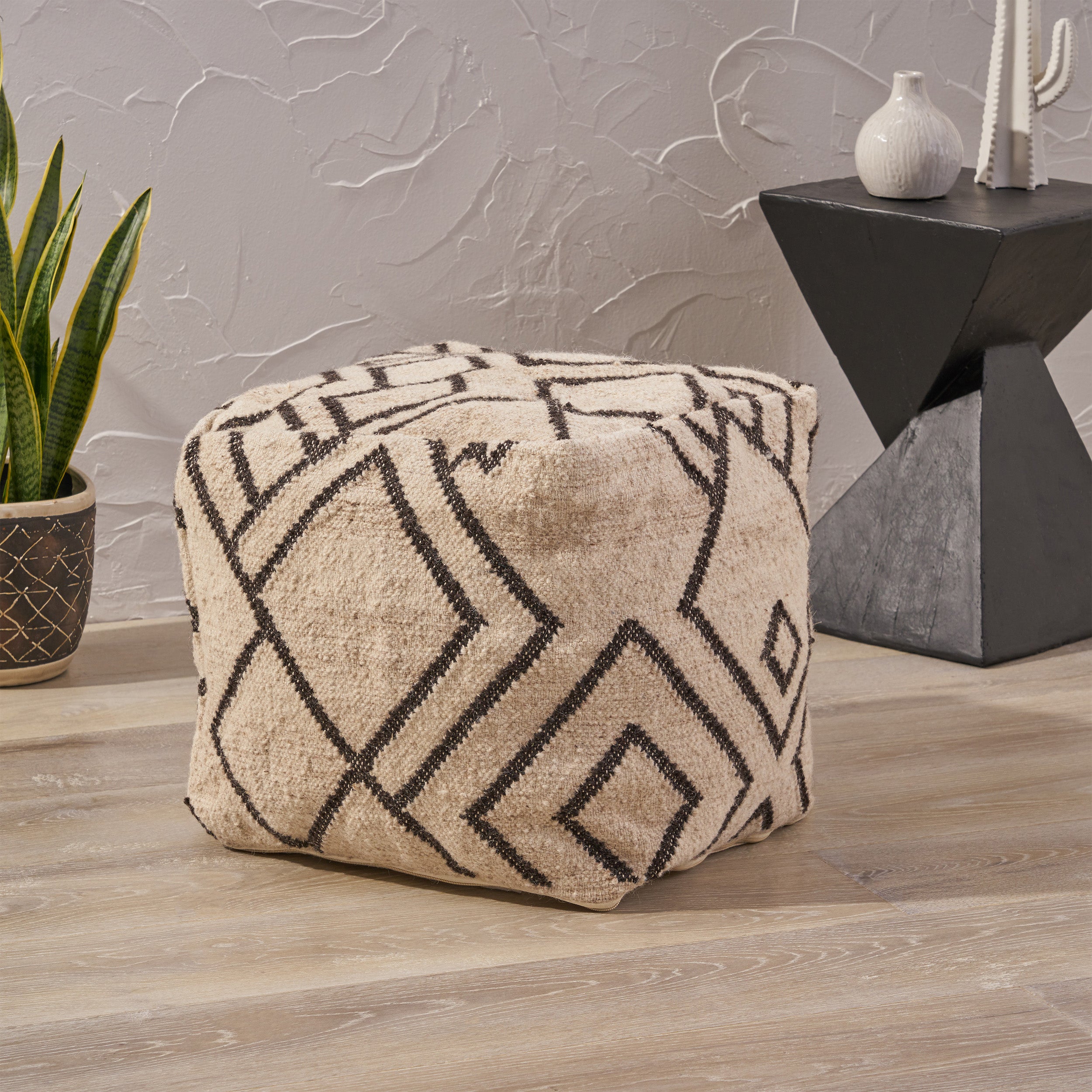 Lucciano Boho Wool and Cotton Ottoman Pouf