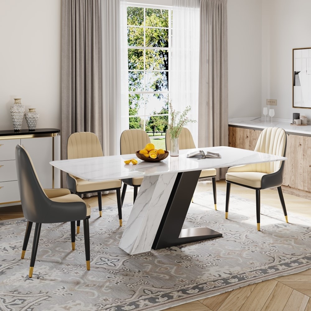 Modern and Luxury White Dining Table  with Rectangular Sintered Stone Tabletop Z shaped Stainless Steel Base