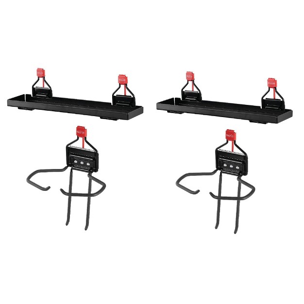 Rubbermaid Outdoor Metal Backyard Storage Accessories Shelf Black 2 Pack And Rubbermaid Storage Shed Mounted Power Tool Holder Accessory 2 Pack