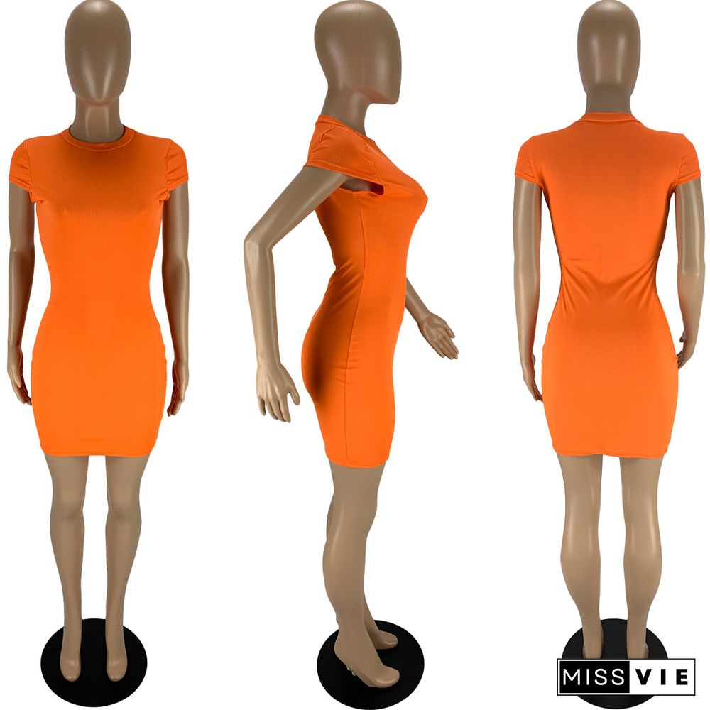 Solid Color Women Summer Short Sleeve Round Neck Fashion Sheath Mini Bodycon Dress