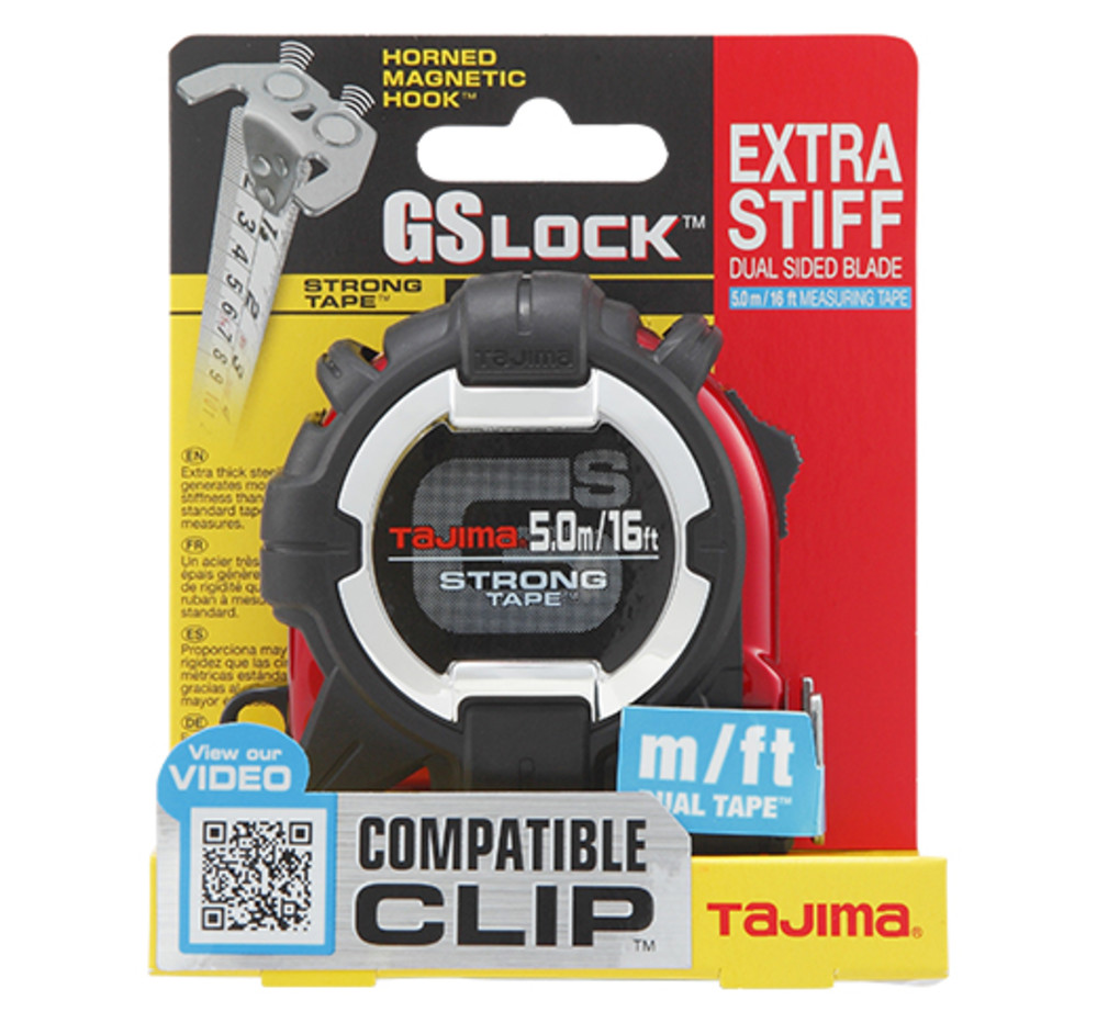 Tajima GS LOCK Measuring Tape 16and#8242; x 1 HORNED MAGNETIC HOOK with Compatible Clip ;