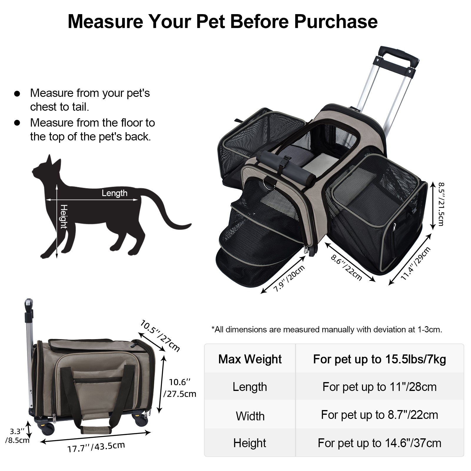 ELEGX TSA Airline Approved Pet Rolling Carrier with Detachable Wheels and Expandable Space for Small Dogs/Cats up 10 Pounds， Collapsible and Breathable