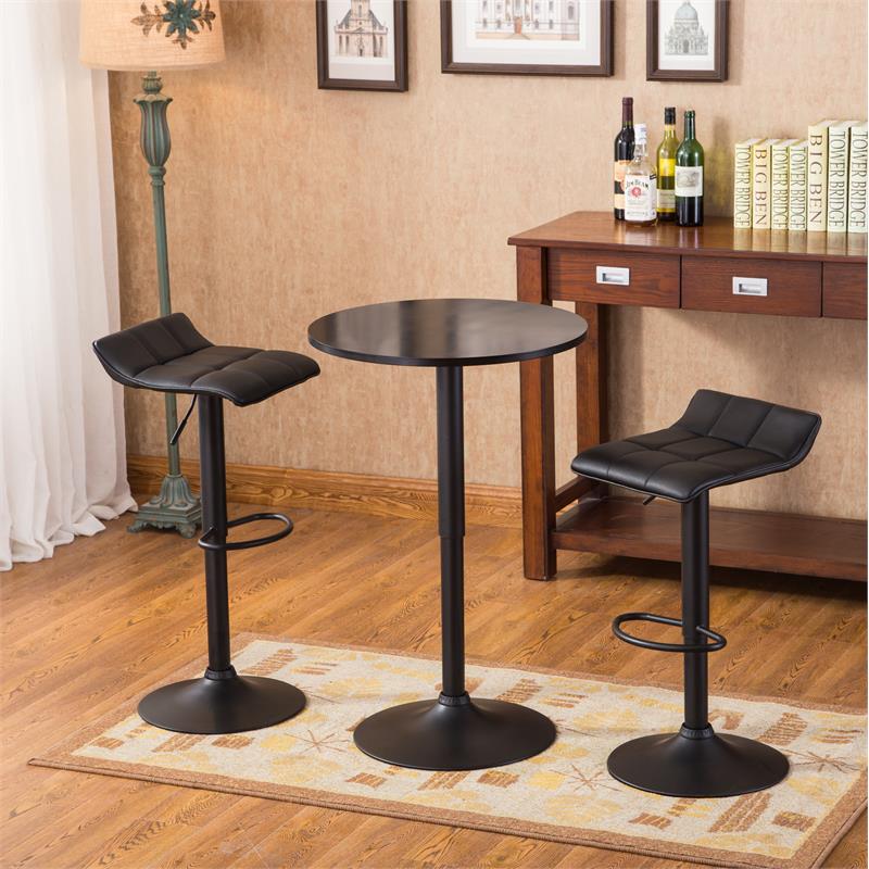 Roundhill Furniture Belham Black Round Top Adjustable Height Bar Table and 2 Swivel Black Bonded Leather Adjustable Bar Stool Bar Sets