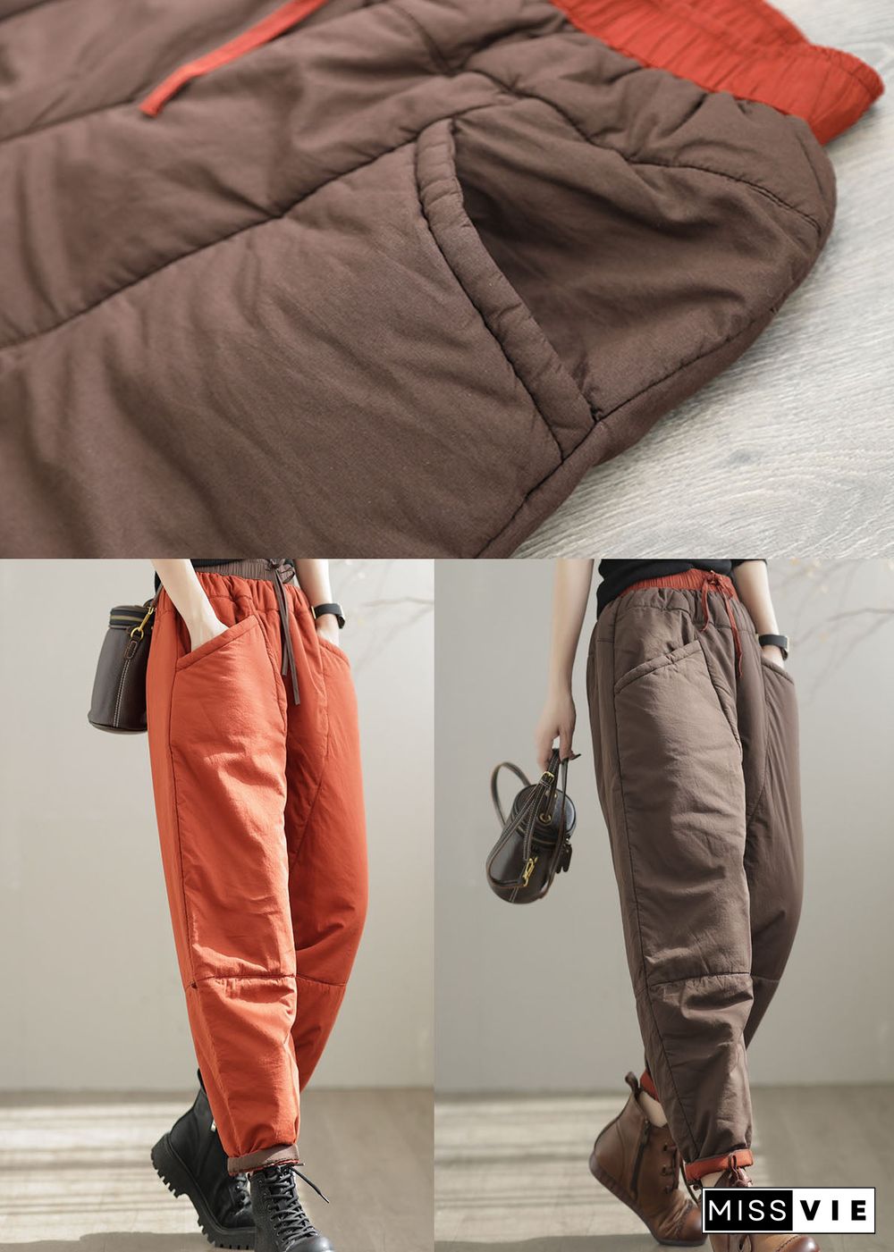 Khaki Patchwork Fine Cotton Filled Pants Elastic Waist Oversized Drawstring Winter