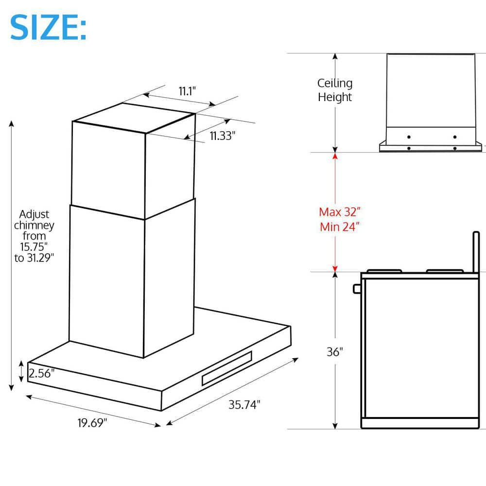 HisoHu 36 in 763 CFM Ducted Wall Mount with Light Range Hood in Stainless Steel