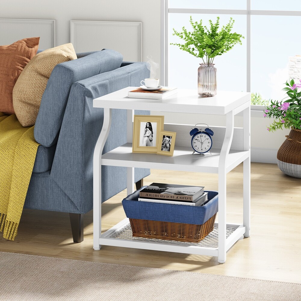 Side End Table  Industrial 3 shelf Bedside Nightstands with Storage shelves for Small Space