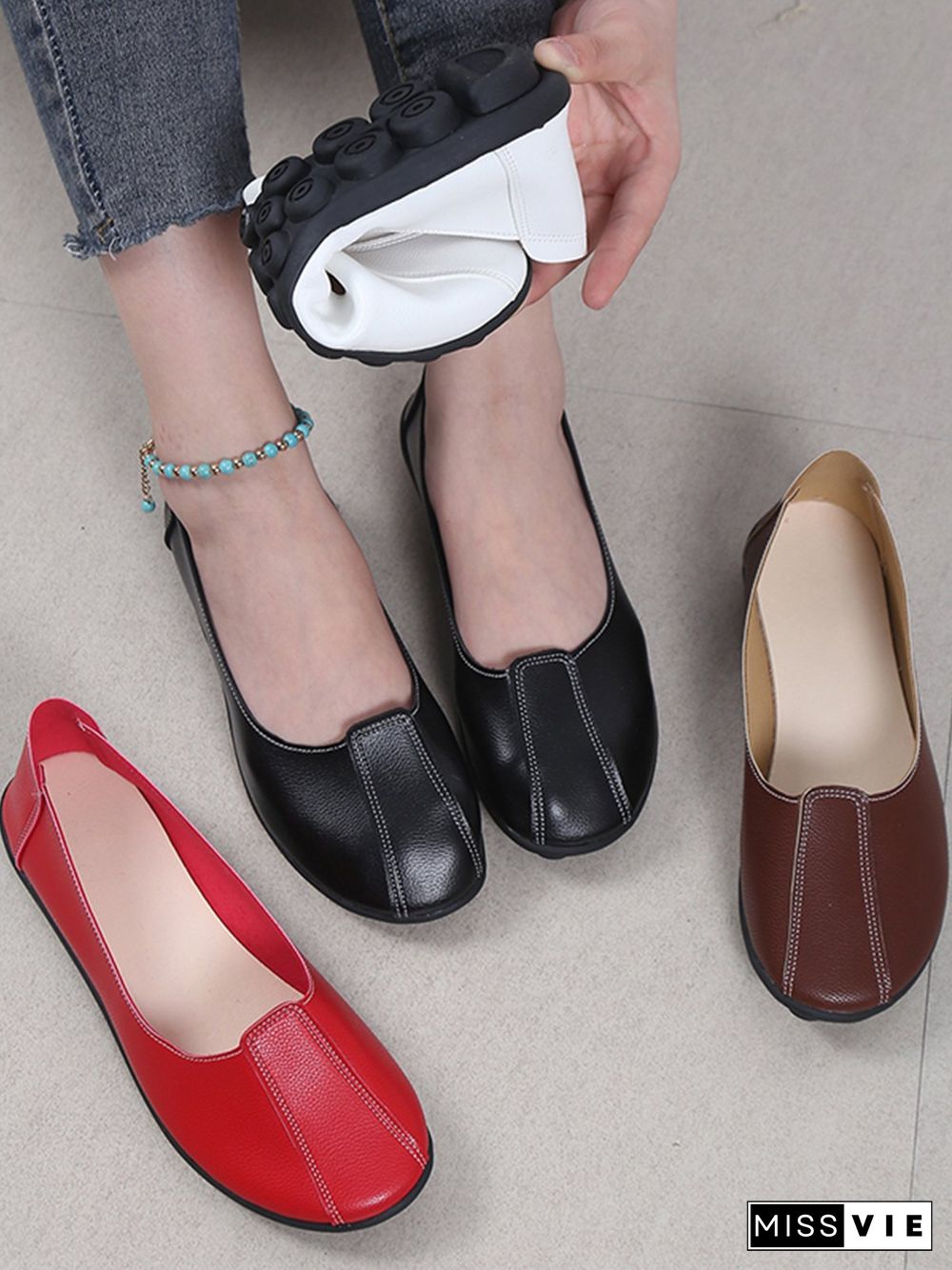 Women Casual Plain All Season Wearable Daily Flat Heel Pu Rubber Slip On Flats