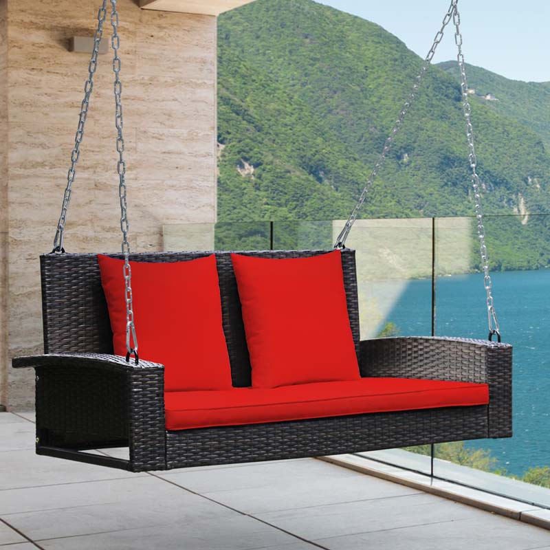 2-Person Rattan Wicker Outdoor Patio Hanging Porch Swing Bench Chair with Sturdy Steel Chain & Cushions