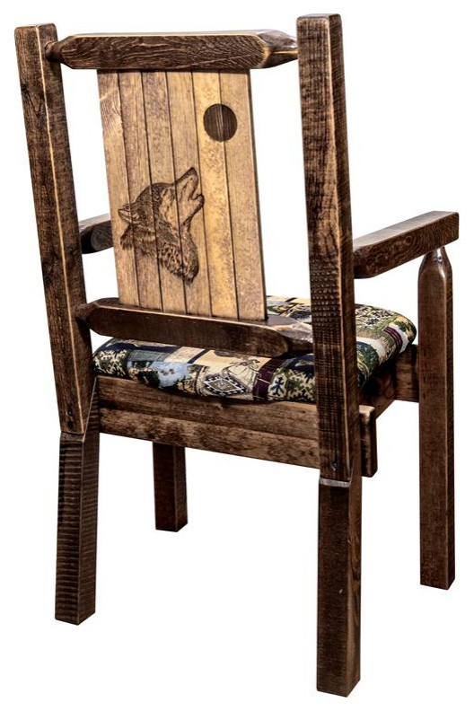 Montana Woodworks Homestead Wood Captain  x27s Chair with Engraved Wolf in Brown   Rustic   Dining Chairs   by Homesquare  Houzz