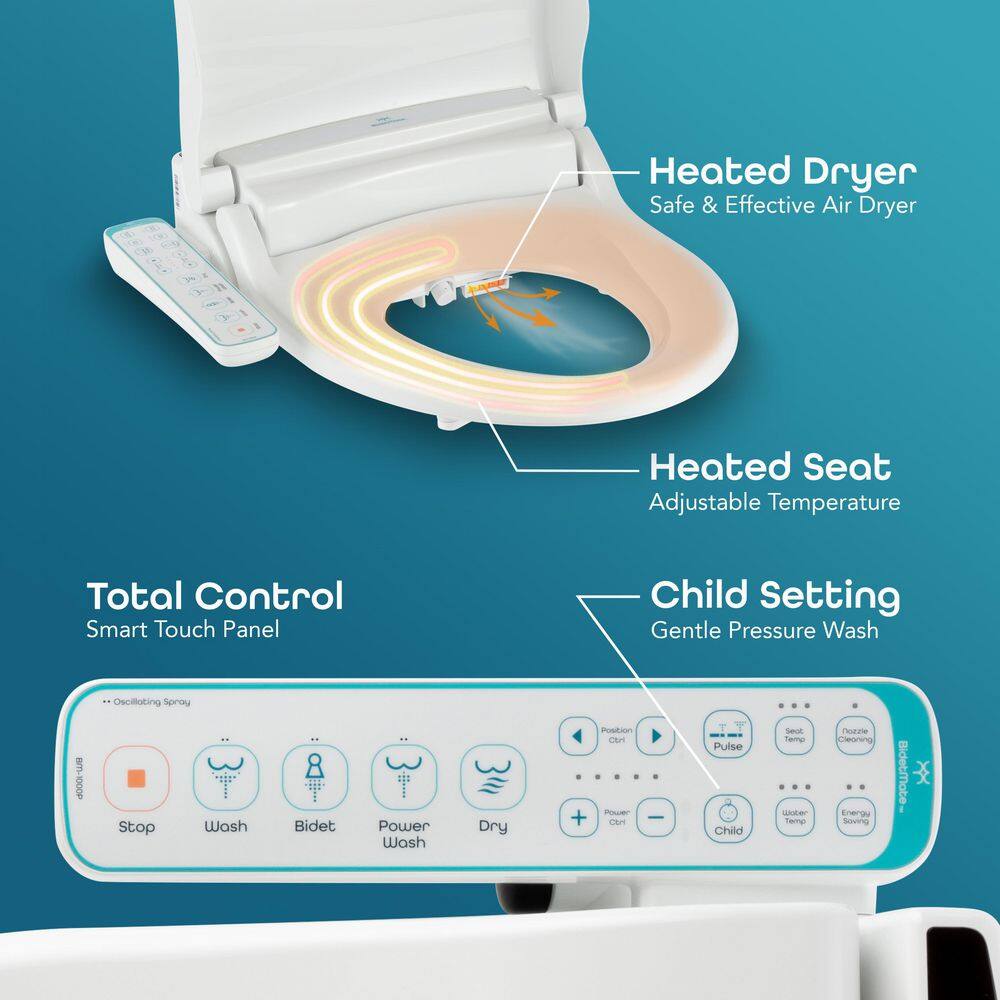 BIDETMATE 1000 Series Electric Bidet Seat for Elongated Toilets with Heated Water and Dryer Side Control Panel in White BM-1000P-E