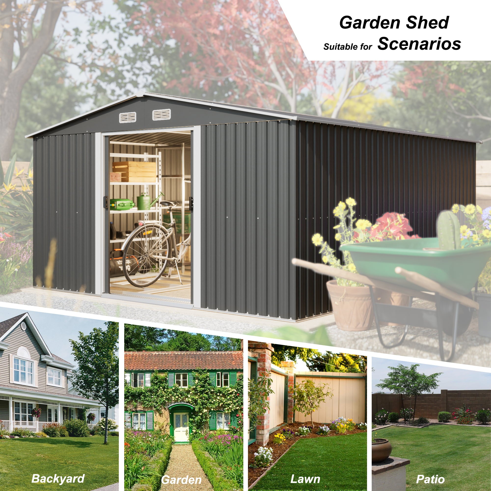 LZBEITEM 11 x 13 ft. Outdoor Metal Storage Shed，Galvanized Steel Garden Shed，Metal Garden Tool Shed with Double Lockable Sliding Doors for Backyard Patio Lawn,Black