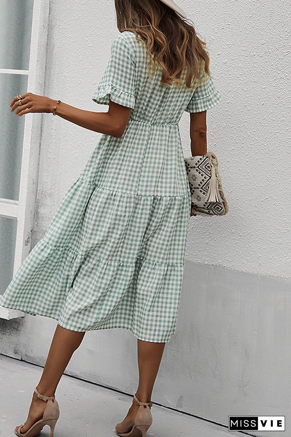 Plaid V-neck Short Sleeve Long Dress Wholesale