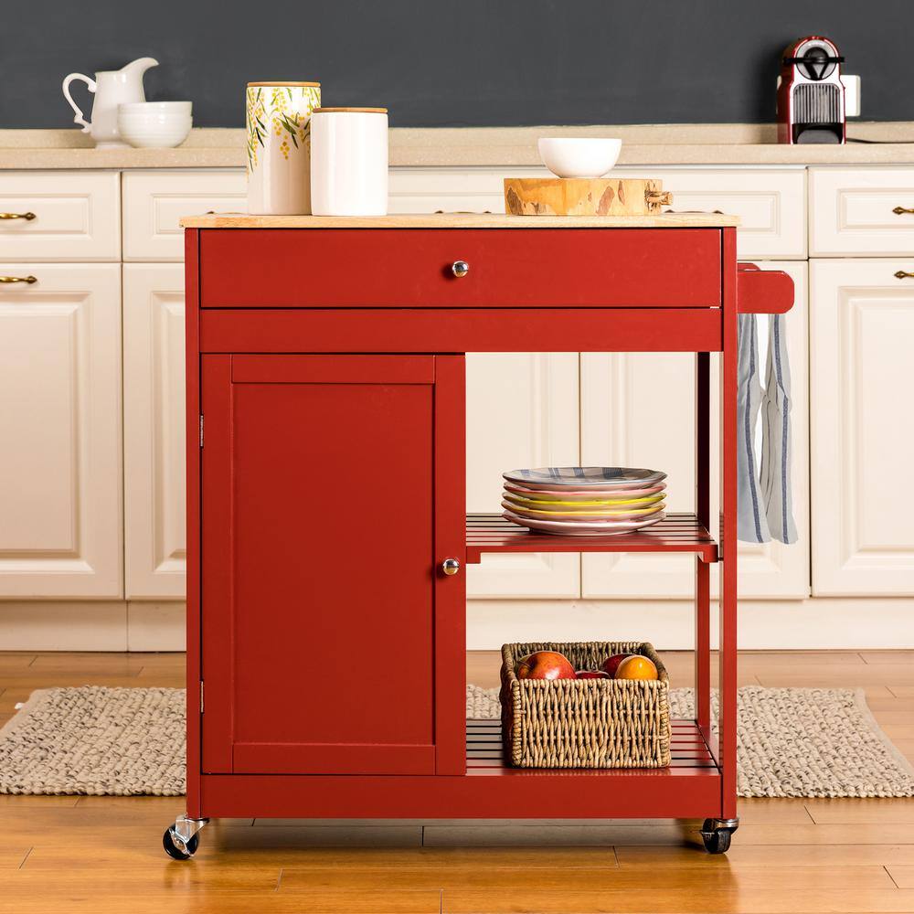 Glitzhome 34.25 in.H Red Wooden Basic Kitchen Island with 1 Drawer+1 Door+2 Tier 2000800009