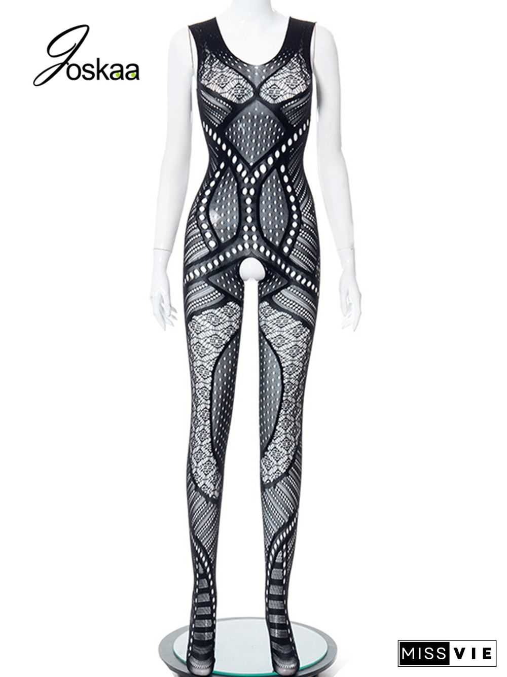 Joskaa Hollow Out Mesh See Through Black Jumpsuit Summer Women Fashion One Piece Outfits Sexy Party Club Bodycon Rompers