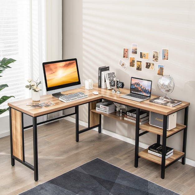 Costway Industrial L shaped Corner Computer Desk Office Workstation W Storage Shelves