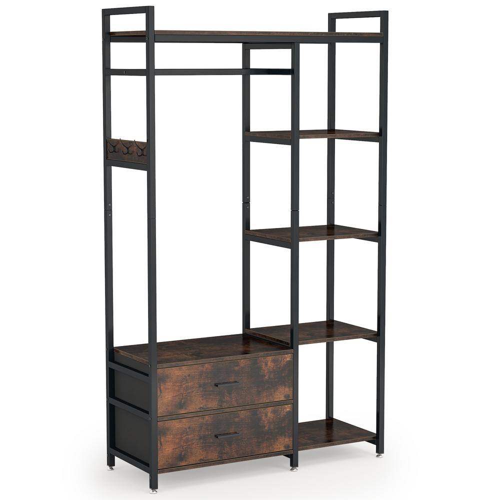 TRIBESIGNS WAY TO ORIGIN 47.2 in. W Freestanding Clothes Garment Rack with Shelves and 2 Drawers 5 Tier Rustic Brown Closet Organizer Wardrobe HD-GGF1546