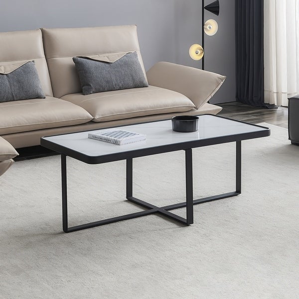 Minimalism Rectangle Coffee Table with Glossy Tabletop， Sofa Table with Metal Frame and Sturdy Cross Base for Living Room， Office